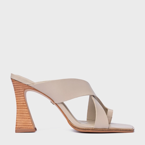 Open Mule Natural Salto Wave Couro Bege Oatmeal