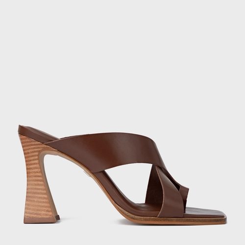 Open Mule Natural Salto Wave Couro Marrom Walnut
