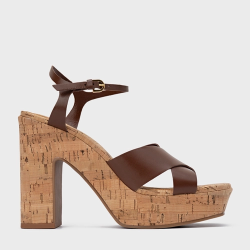 Sandália Tiras Cruzadas Plataforma Cortiça Couro Marrom Walnut