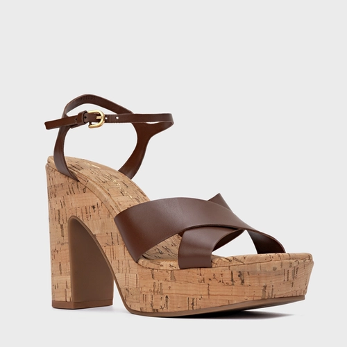 Sandália Tiras Cruzadas Plataforma Cortiça Couro Marrom Walnut