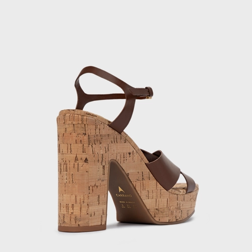 Sandália Tiras Cruzadas Plataforma Cortiça Couro Marrom Walnut