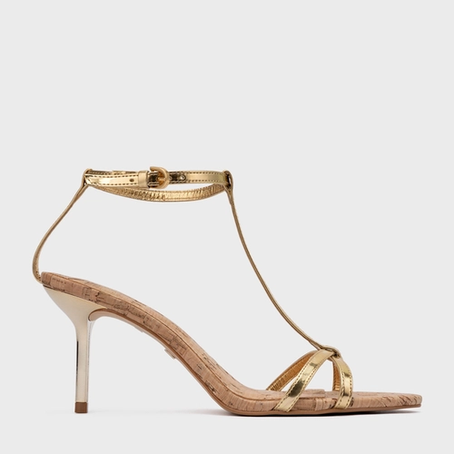 Sandália Basic Cortiça Salto Fino Couro Metalizado Dourado Gold