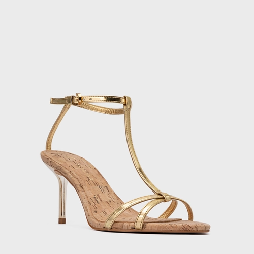 Sandália Basic Cortiça Salto Fino Couro Metalizado Dourado Gold