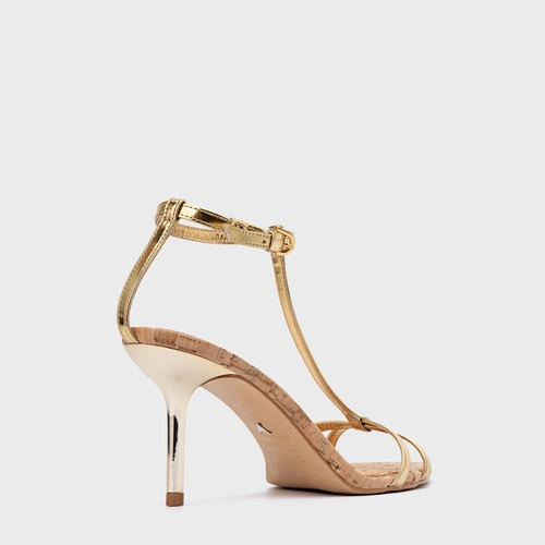Sandália Basic Cortiça Salto Fino Couro Metalizado Dourado Gold