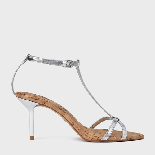 Sandália Basic Cortiça Salto Fino Couro Metalizado Prata Silver