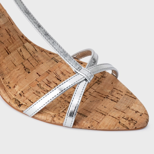 Sandália Basic Cortiça Salto Fino Couro Metalizado Prata Silver