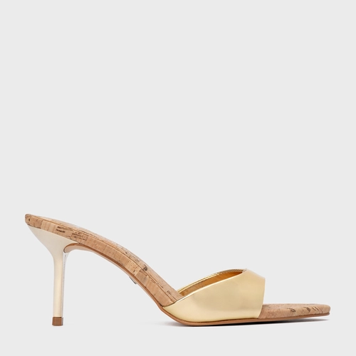 Open Mule Basic Cortiça Salto Fino Couro Dourado Gold