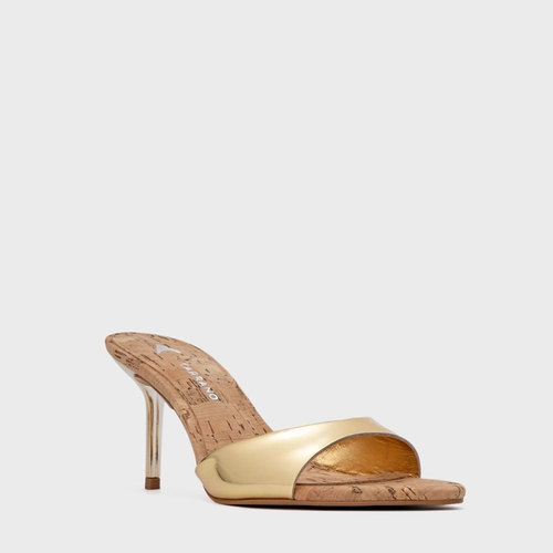Open Mule Basic Cortiça Salto Fino Couro Dourado Gold