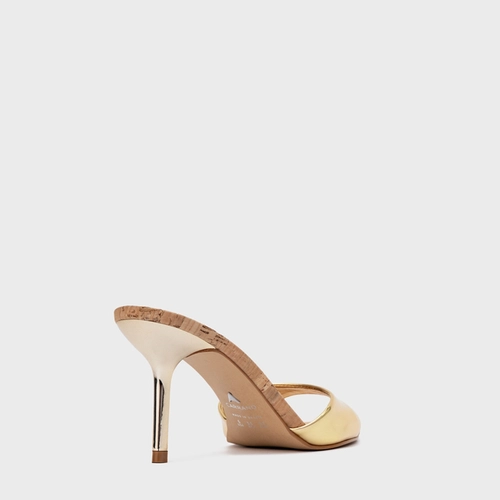 Open Mule Basic Cortiça Salto Fino Couro Dourado Gold
