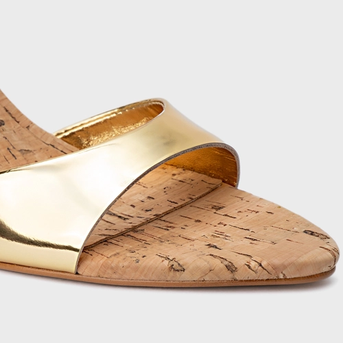 Open Mule Basic Cortiça Salto Fino Couro Dourado Gold