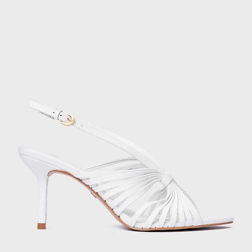Sandália Multi Tiras Salto Fino Couro Branco Blanc