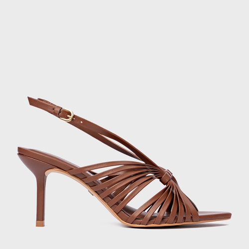 Sandália Multi Tiras Salto Fino Couro Marrom Walnut