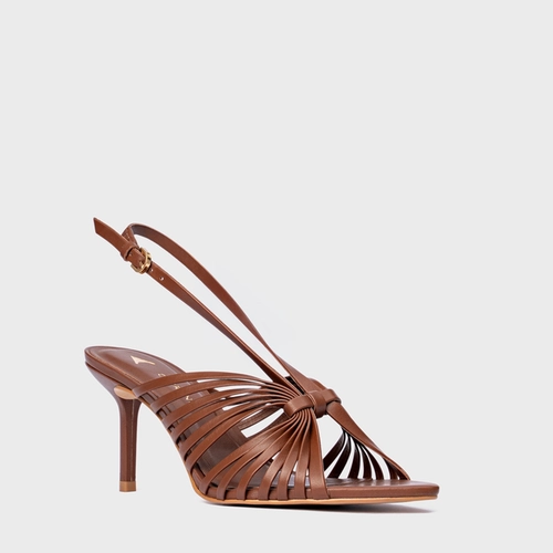Sandália Multi Tiras Salto Fino Couro Marrom Walnut