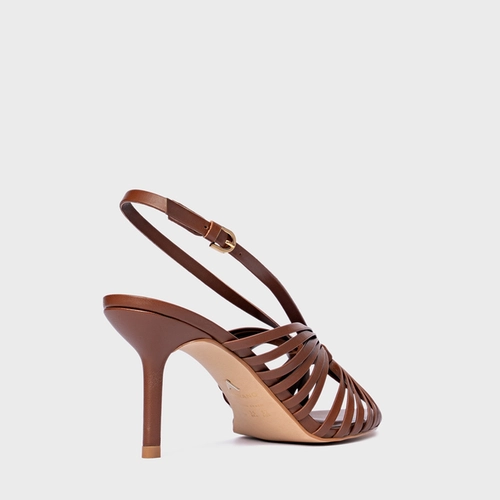 Sandália Multi Tiras Salto Fino Couro Marrom Walnut