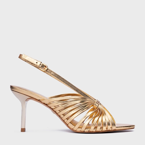 Sandália Multi Tiras Salto FIno Couro Metalizado Dourado Gold