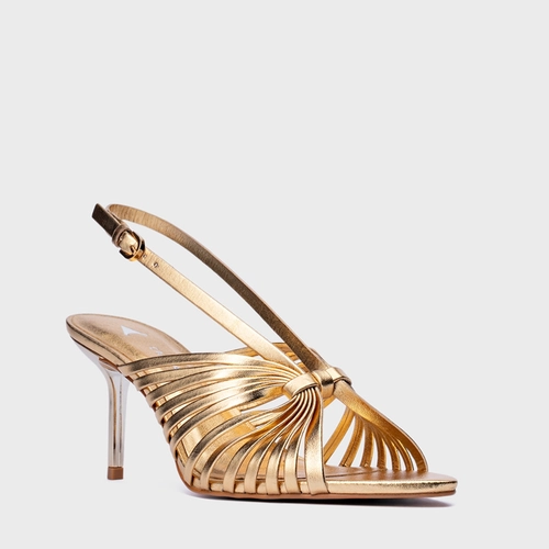 Sandália Multi Tiras Salto FIno Couro Metalizado Dourado Gold