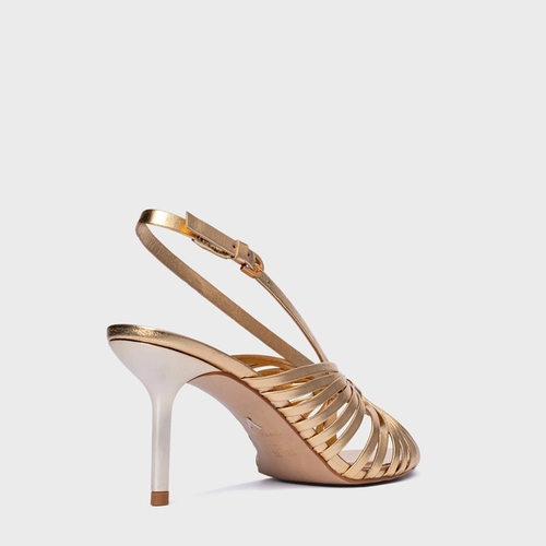 Sandália Multi Tiras Salto FIno Couro Metalizado Dourado Gold