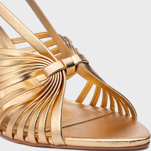 Sandália Multi Tiras Salto FIno Couro Metalizado Dourado Gold
