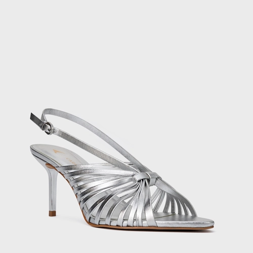 Sandália Multi Tiras Salto FIno Couro Metalizado Prata Silver