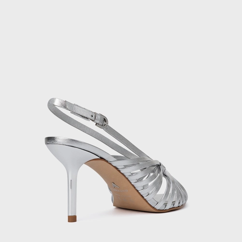 Sandália Multi Tiras Salto FIno Couro Metalizado Prata Silver