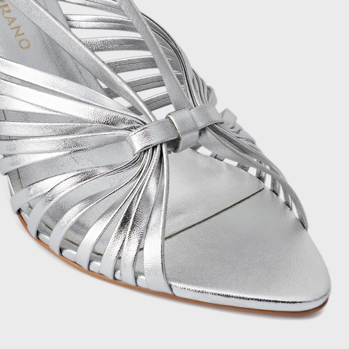 Sandália Multi Tiras Salto FIno Couro Metalizado Prata Silver