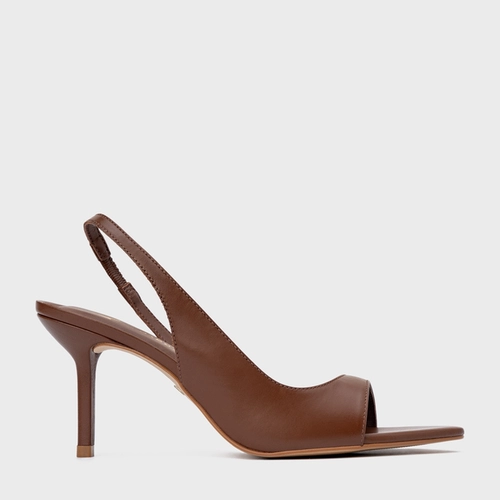 Sandália Basic Close Salto Fino Couro Marrom Walnut