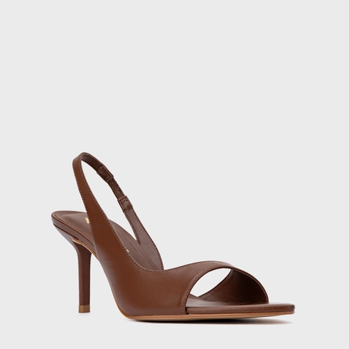 Sandália Basic Close Salto Fino Couro Marrom Walnut