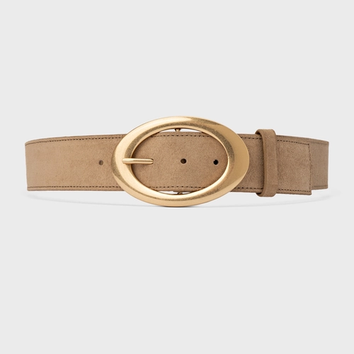 Cinto Fivela Oval Grosso Couro Suede Bege Almond