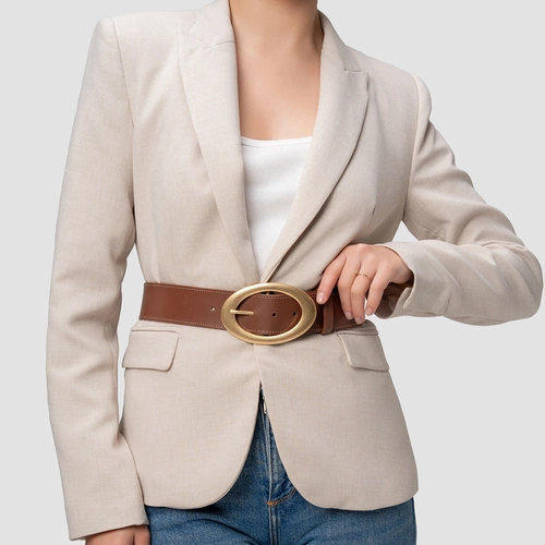 Cinto Fivela Oval Grosso Couro Marrom Walnut