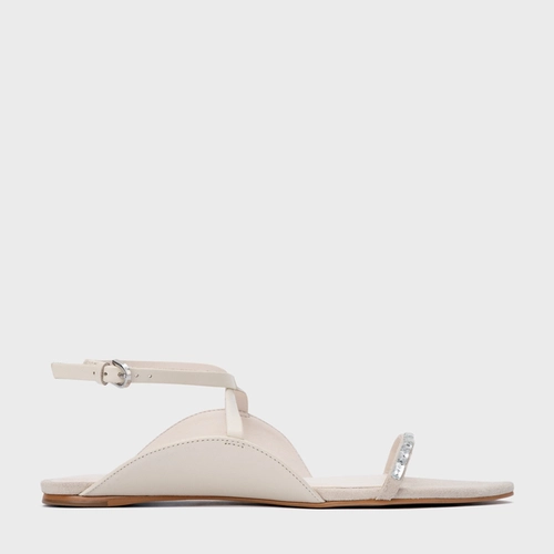 Sandália Rasteira Cristal Touch Couro Off White Vanilla