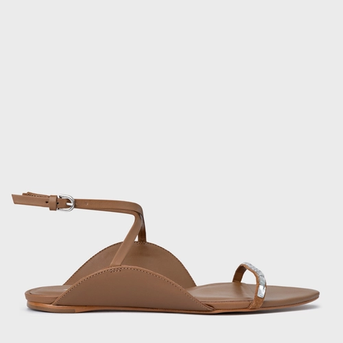 Sandália Rasteira Cristal Touch Couro Marrom Saddle