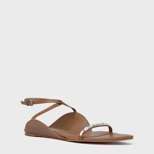 Sandália Rasteira Cristal Touch Couro Marrom Saddle