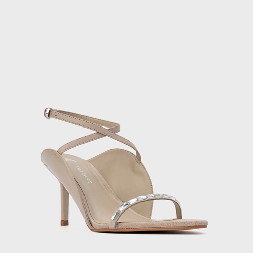 Sandália Cristal Touch Salto Fino Couro Bege Oatmeal