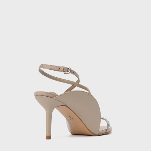 Sandália Cristal Touch Salto Fino Couro Bege Oatmeal