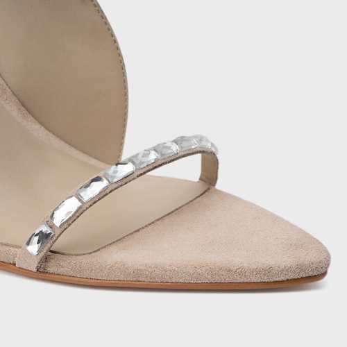 Sandália Cristal Touch Salto Fino Couro Bege Oatmeal