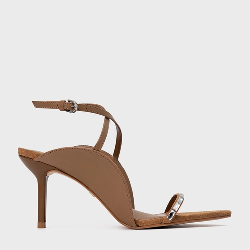 Sandália Cristal Touch Salto Fino Couro Marrom Saddle