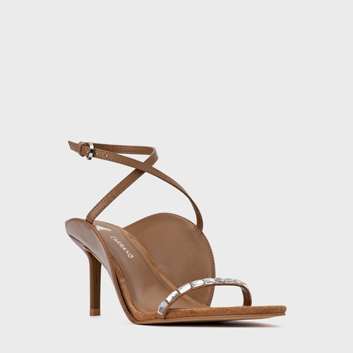 Sandália Cristal Touch Salto Fino Couro Marrom Saddle