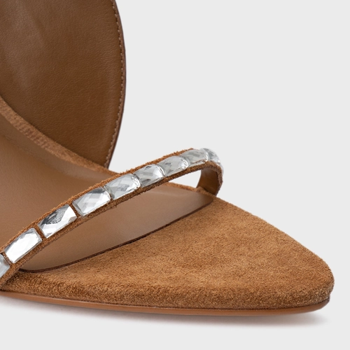 Sandália Cristal Touch Salto Fino Couro Marrom Saddle