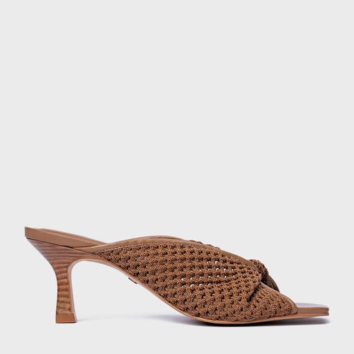Open Mule Knit Twist Salto Fino Marrom Saddle