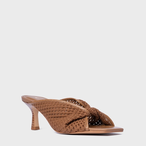 Open Mule Knit Twist Salto Fino Marrom Saddle