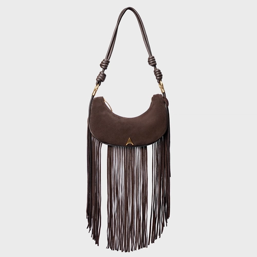Bolsa Shoulder Malu Franjas Média Couro Suede Marrom Ganache