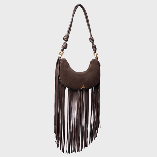 Bolsa Shoulder Malu Franjas Média Couro Suede Marrom Ganache