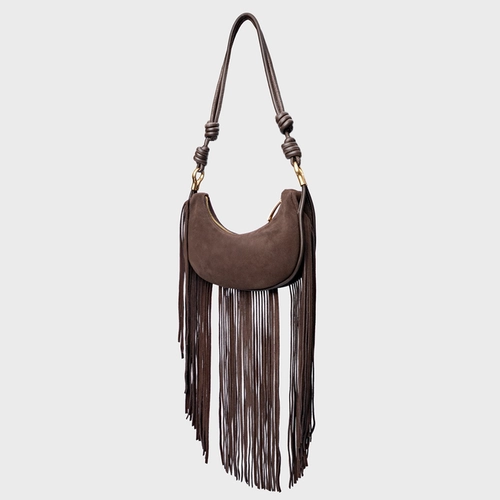 Bolsa Shoulder Malu Franjas Média Couro Suede Marrom Ganache