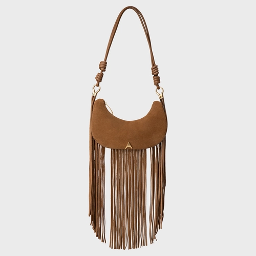 Bolsa Shoulder Malu Franjas Média Couro Suede Marrom Saddle
