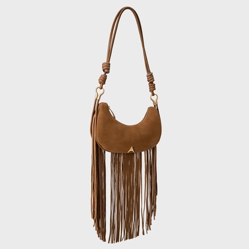 Bolsa Shoulder Malu Franjas Média Couro Suede Marrom Saddle