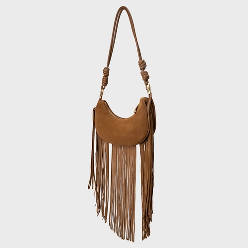 Bolsa Shoulder Malu Franjas Média Couro Suede Marrom Saddle
