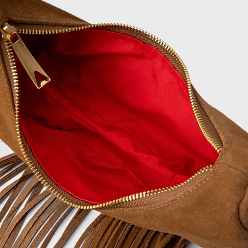 Bolsa Shoulder Malu Franjas Média Couro Suede Marrom Saddle