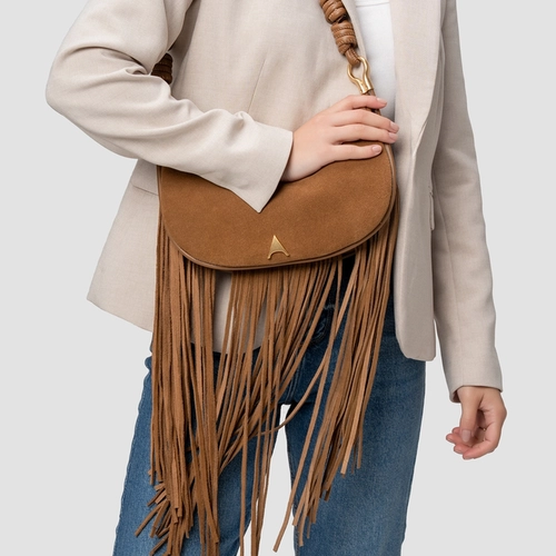 Bolsa Shoulder Malu Franjas Média Couro Suede Marrom Saddle