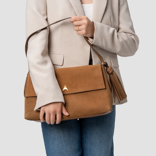 Bolsa Tote Belinda Média Couro Suede Marrom Saddle