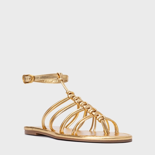 Sandália Rasteira String Couro Metalizado Dourado Gold